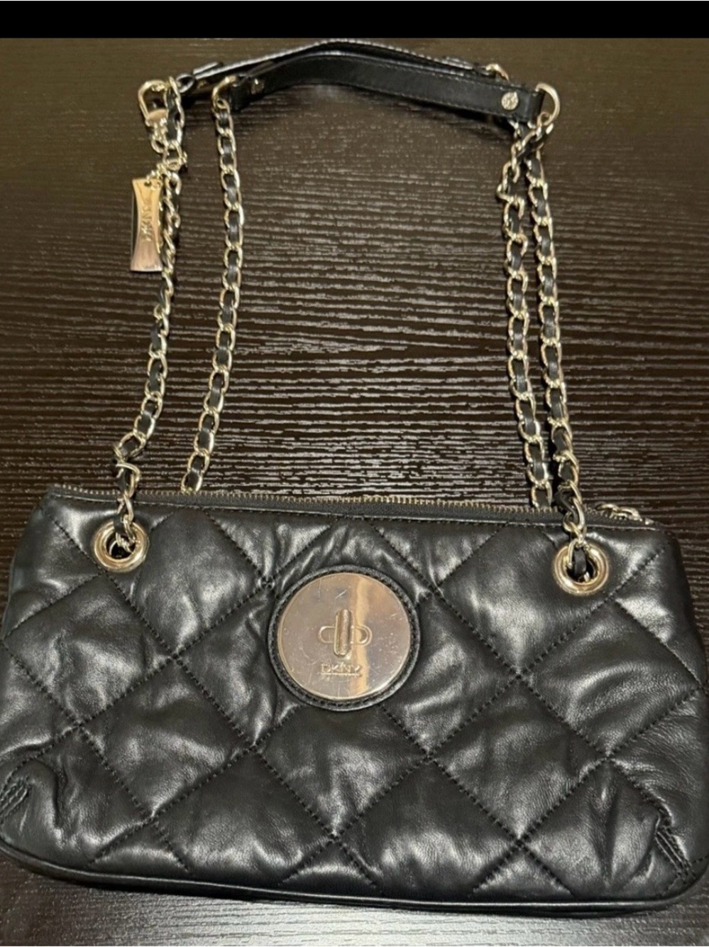 DKNY Black Quilted Leather Chain Shoulder Bag with Gold Accents
